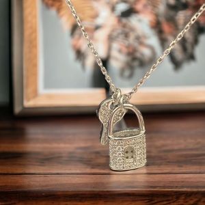 925 Sterling Silver CZ Pad Lock & Key Charm Pendant w adjustable Necklace Chain